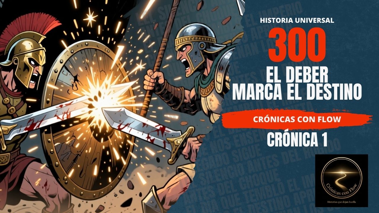 Ilustración épica de dos guerreros espartanos combatiendo con espada y escudo, representando la batalla de 300 y el deber frente al destino, Crónicas con Flow – Crónica 1.