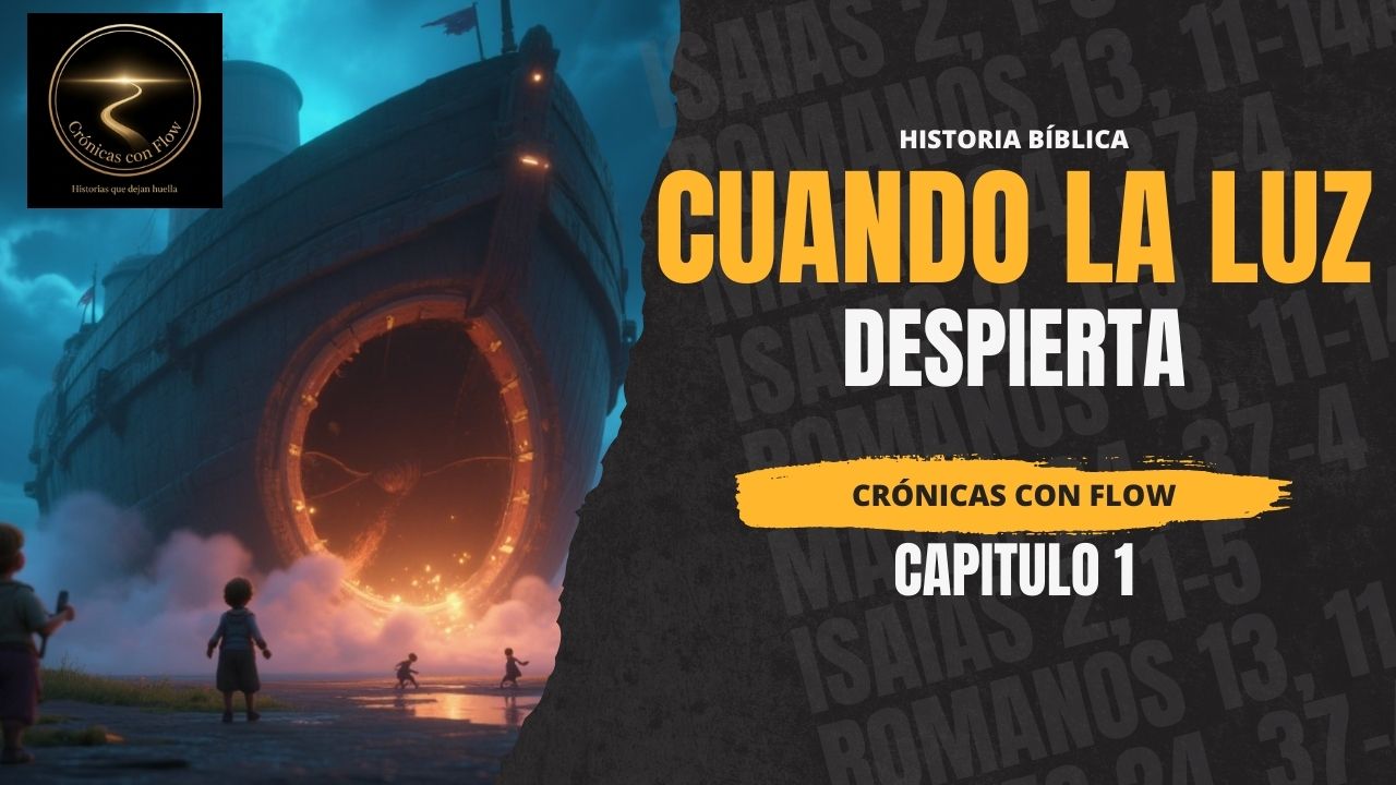 Niños observando un portal luminoso gigante que se abre en la noche con luz dorada en ambiente cinematográfico.