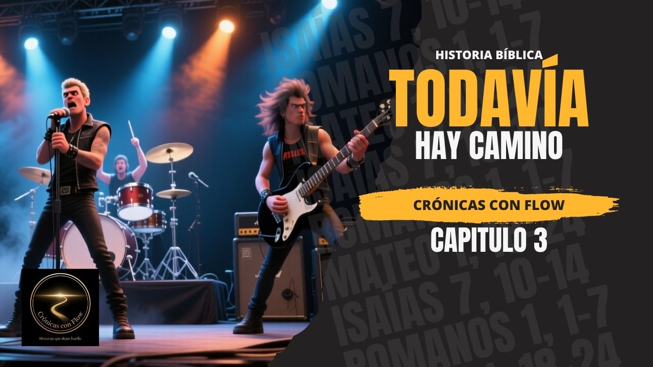 Banda de rock tocando en escenario iluminado con luces dramáticas azules y naranjas.