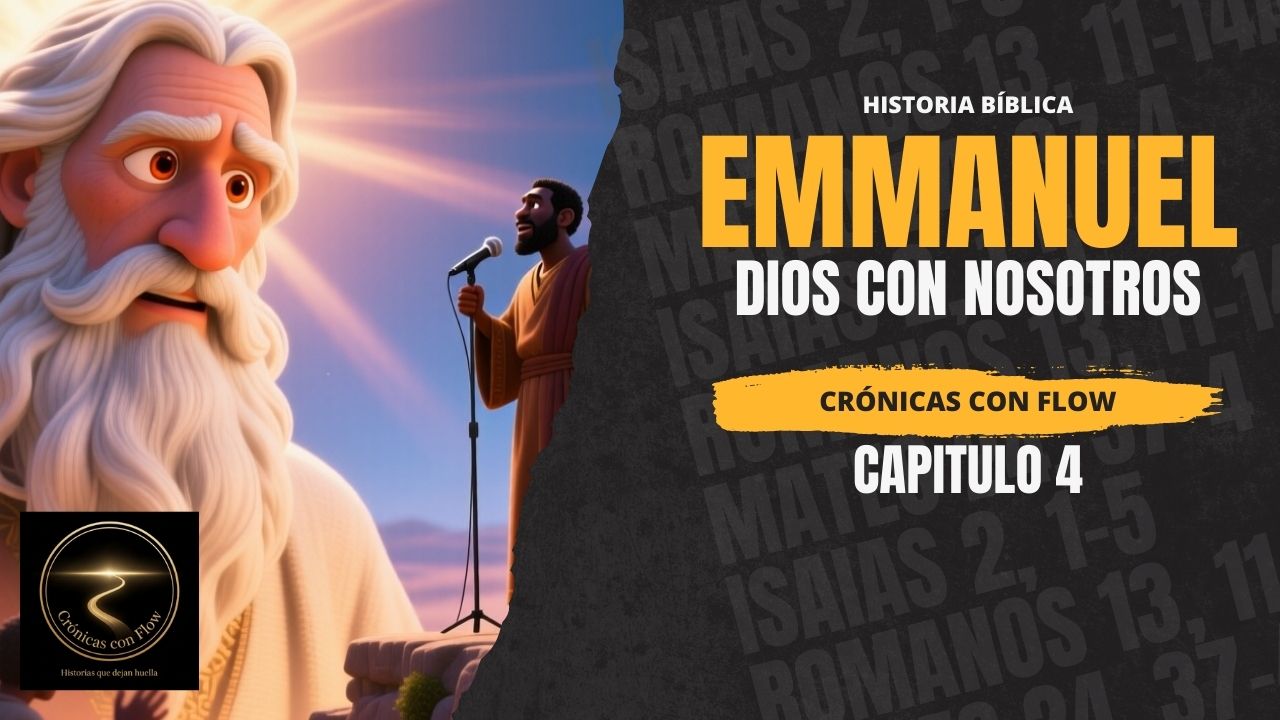 Figura profética iluminada por rayos de luz celestial mientras otro personaje proclama en lo alto.