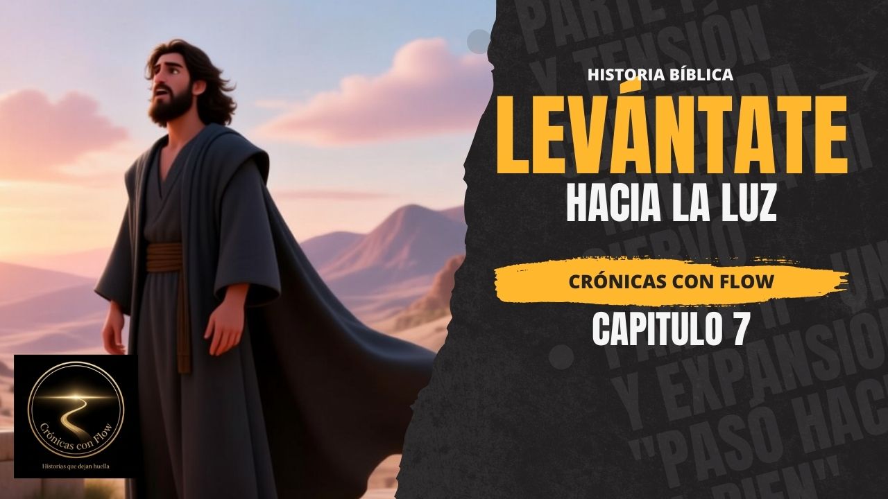 Figura bíblica de pie sobre una roca al amanecer con túnica y manto al viento.