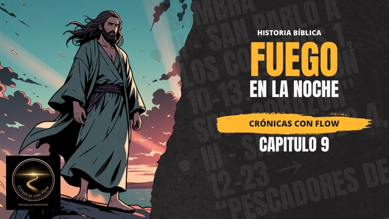 Figura con túnica caminando con determinación bajo cielo dramático al atardecer.