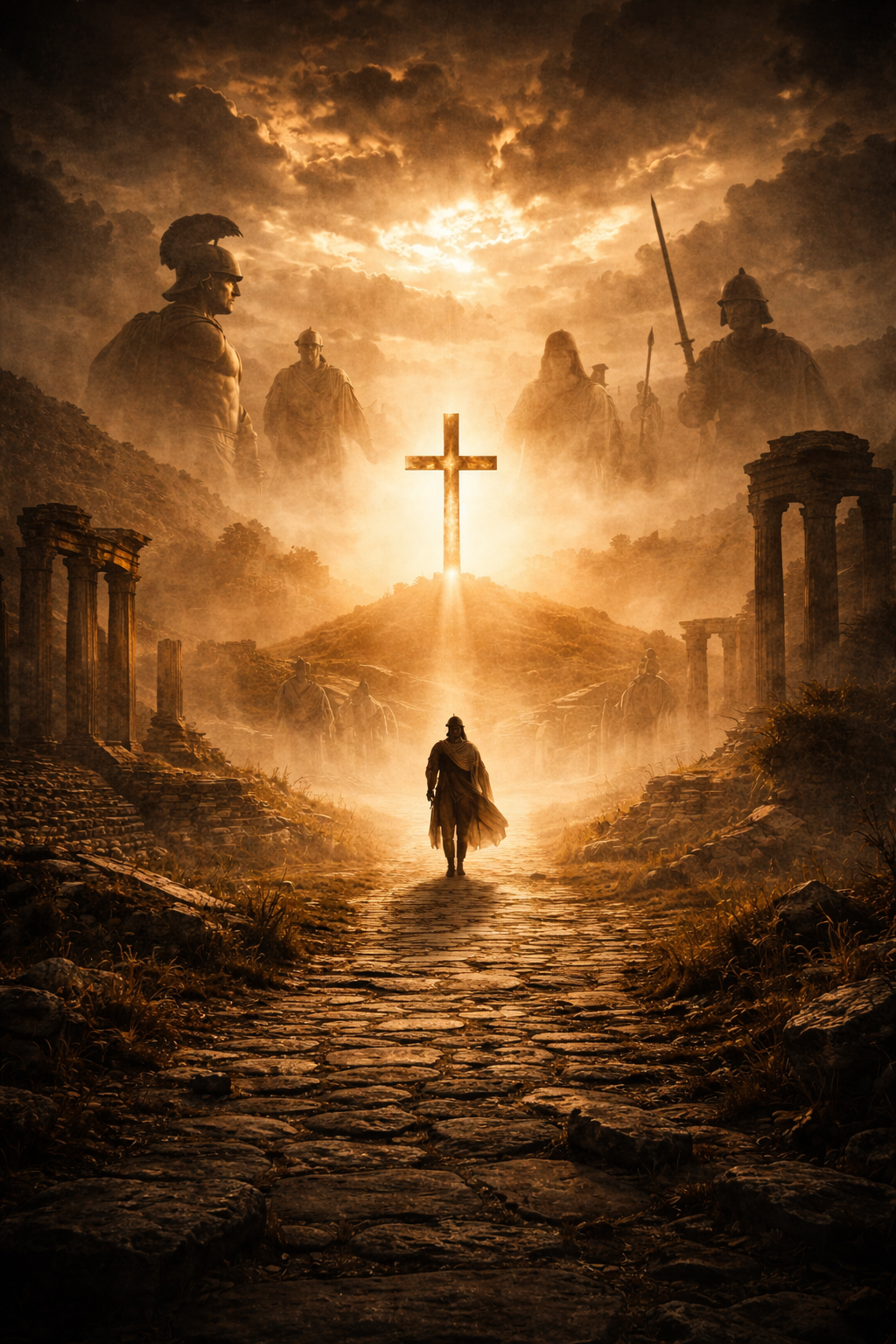 El Cruce del Tiempo Camino antiguo entre ruinas que conduce hacia una cruz luminosa en el horizonte, rodeado de siluetas históricas bajo un cielo dramático y dorado.