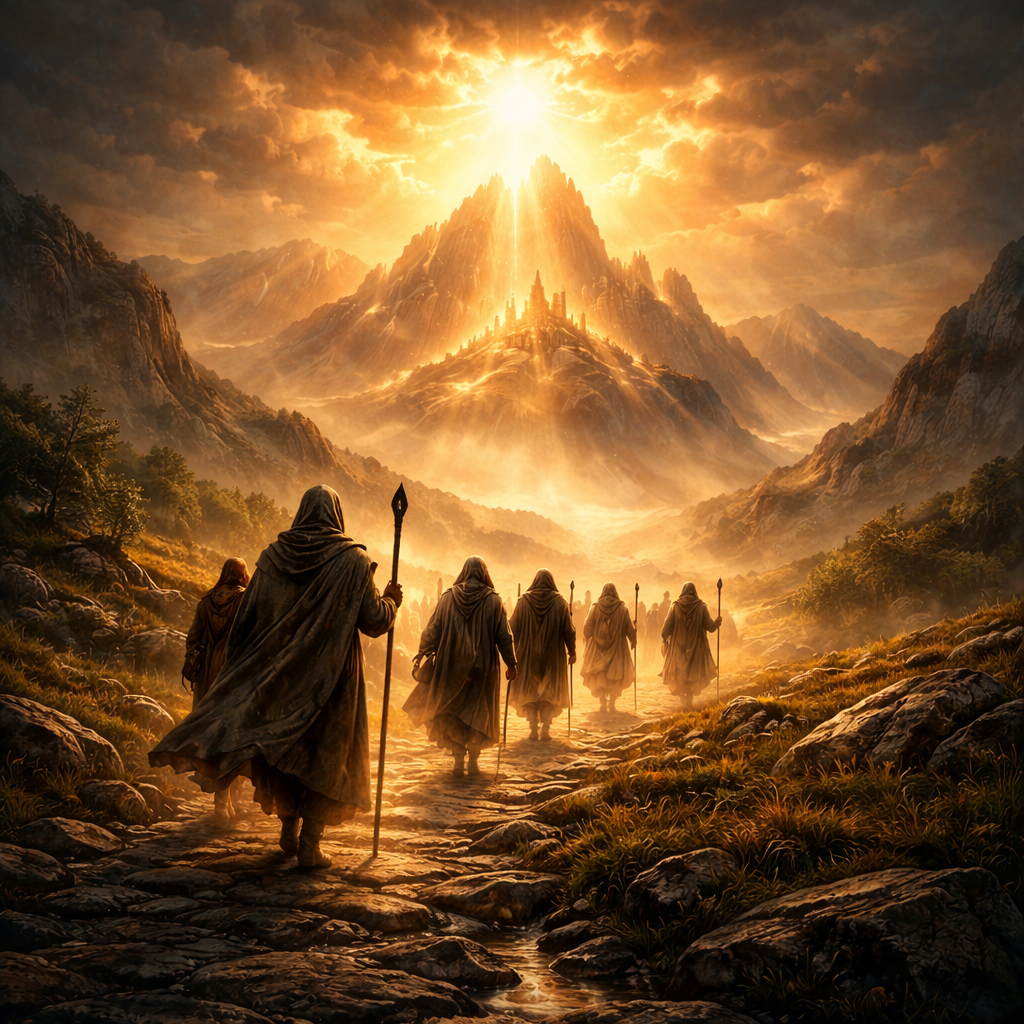 La Palabra que Sigue Guiando Peregrinos caminando hacia una ciudad iluminada sobre una montaña dorada bajo un haz de luz celestial, estilo cinematográfico épico.