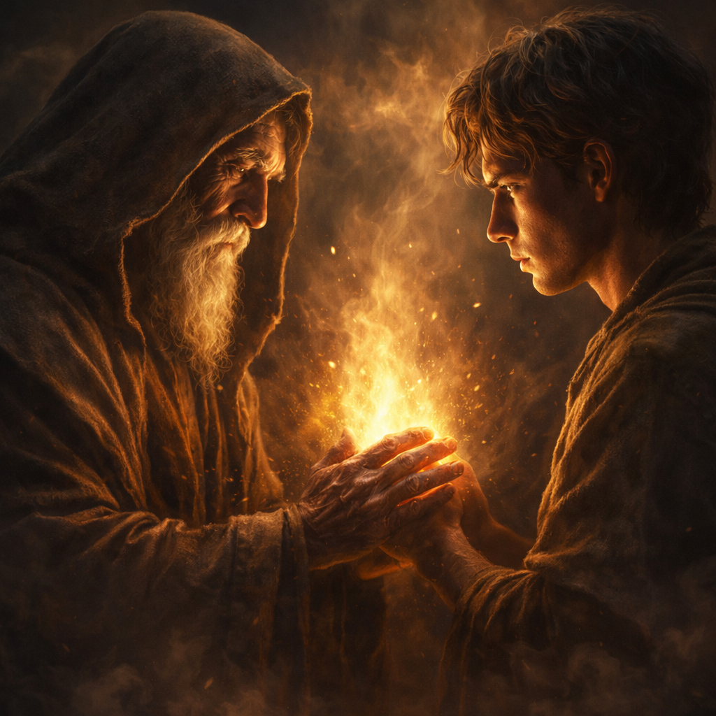 La Luz que se Transmite Anciano entregando una luz brillante a un joven en una escena cinematográfica oscura y dorada que simboliza la transmisión de sabiduría.