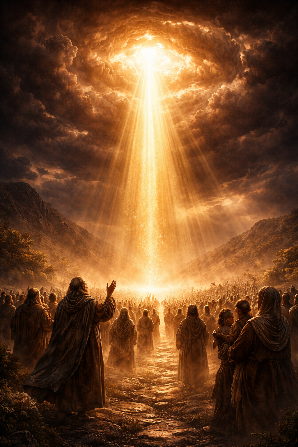 Cuando el Cielo Irrumpe Haz de luz divina descendiendo del cielo sobre una multitud en un paisaje montañoso, escena cinematográfica épica en formato vertical.