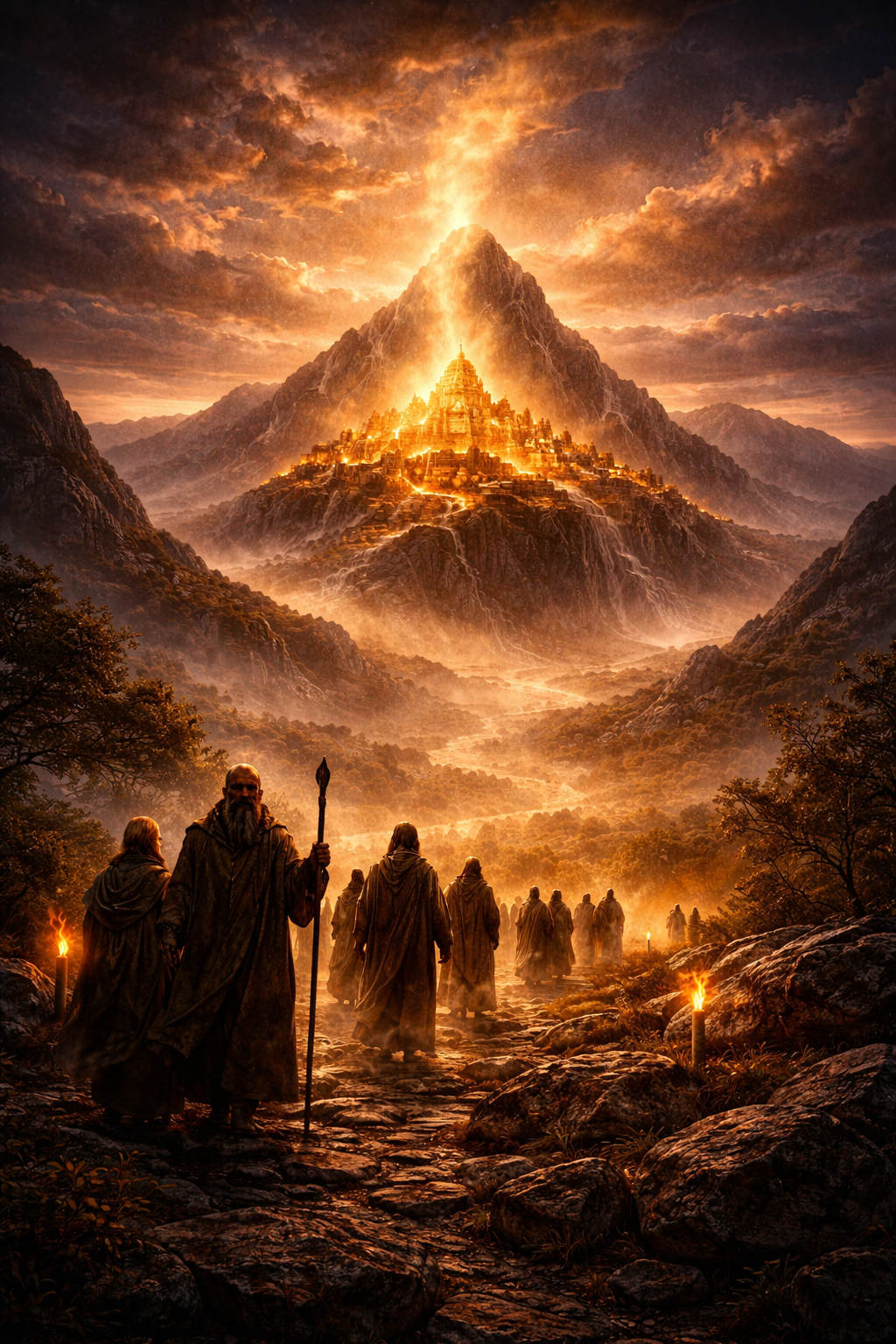 La Ciudad Prometida Ciudad luminosa sobre una montaña sagrada al atardecer con peregrinos caminando hacia ella, escena cinematográfica vertical de destino y promesa.
