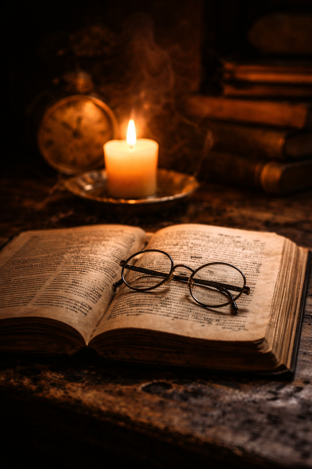 El Silencio Antes del Sonido Biblia abierta con lentes redondos y vela encendida sobre escritorio antiguo en ambiente cálido y cinematográfico.