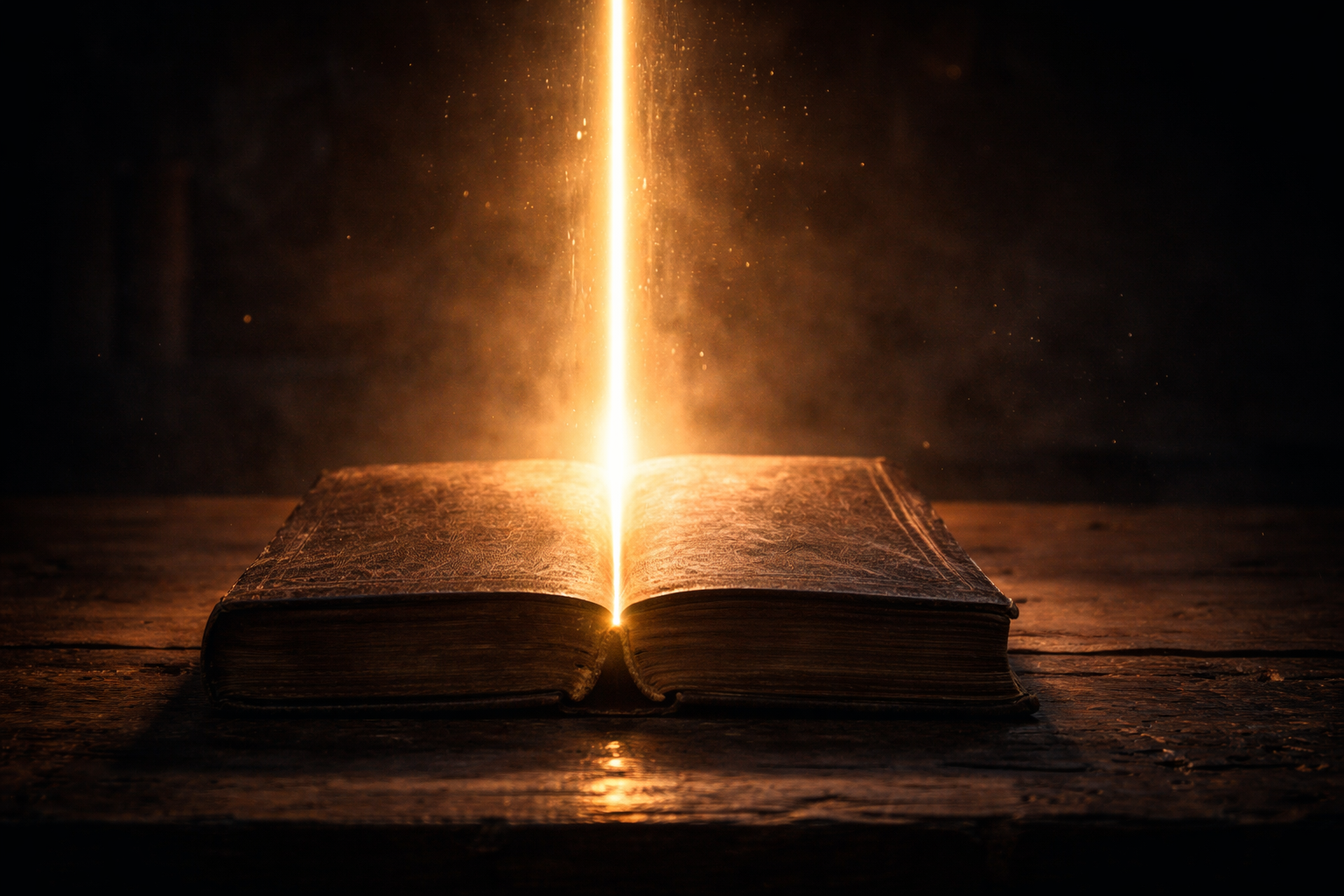 Libro antiguo abierto en una mesa de madera oscura, atravesado por una intensa línea de luz dorada que emerge del centro, simbolizando revelación y origen narrativo.