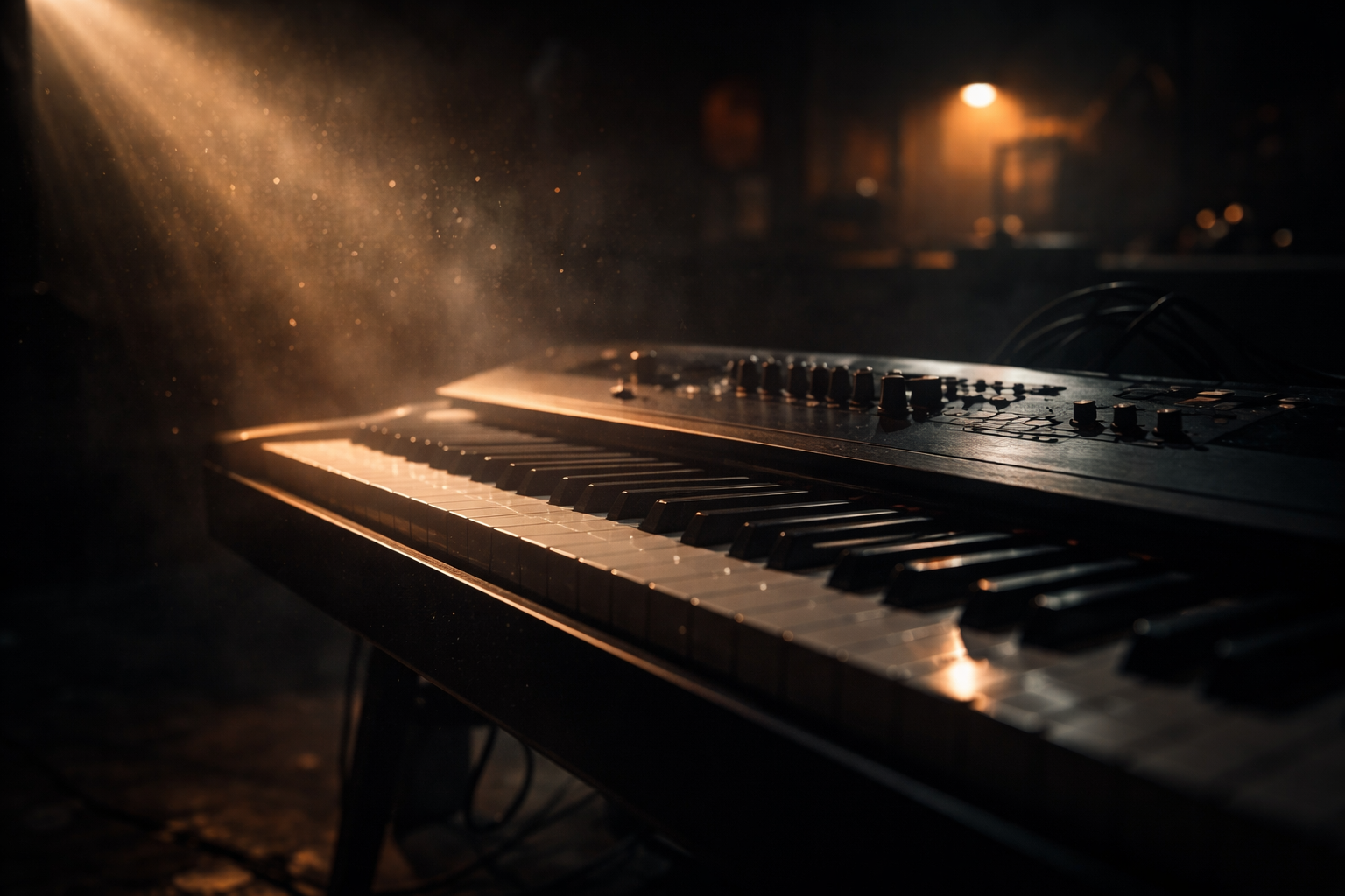 Piano moderno en penumbra iluminado por un rayo de luz dorada con partículas suspendidas en el aire.