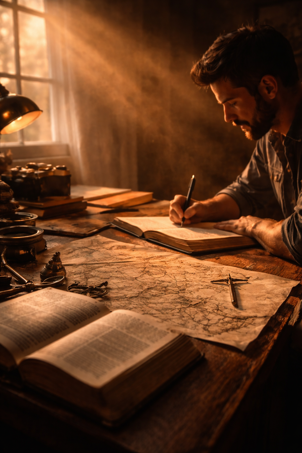 Hombre escribiendo en un manuscrito antiguo iluminado por luz dorada, con Biblia abierta y mapas históricos sobre una mesa de madera en ambiente cinematográfico.