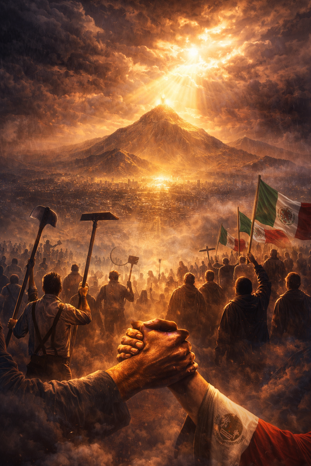 Monte Sión: La Luz que Renace en la Ciudad Multitud caminando hacia una montaña iluminada por rayos dorados sobre una ciudad contemporánea, con personas unidas y herramientas transformadas en símbolos de paz.