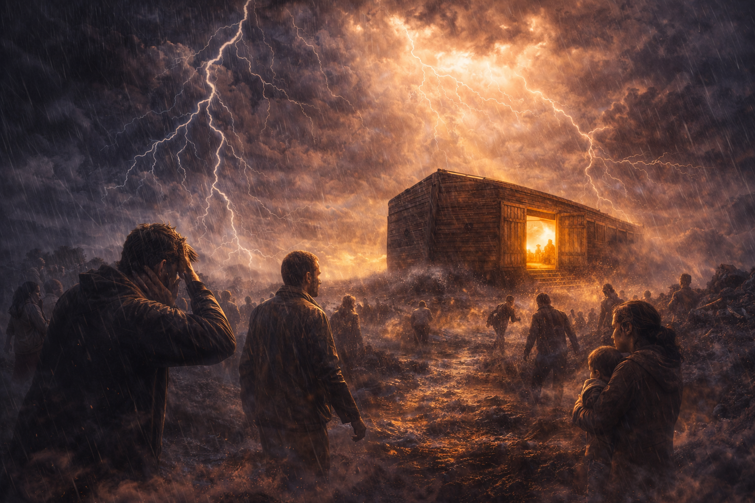 El Arca Cerrada – Llamado a Estar Preparados Escena dramática del arca de Noé bajo una tormenta intensa con relámpagos, mientras una multitud camina sobre el barro hacia la puerta iluminada del arca que brilla en medio de la oscuridad.