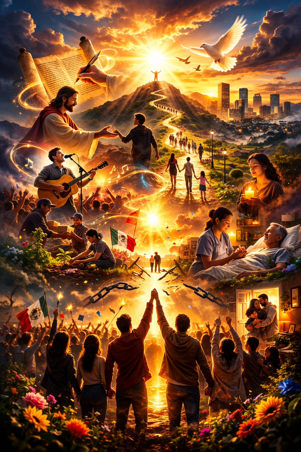 Camino de Paz y Despertar – Luz que Transforma la Historia Escena cinematográfica de inspiración bíblica donde Jesús extiende su mano a un joven en un camino iluminado hacia la ciudad, mientras familias, músicos, enfermos atendidos y una multitud unida celebran bajo un cielo dorado lleno de luz y esperanza.