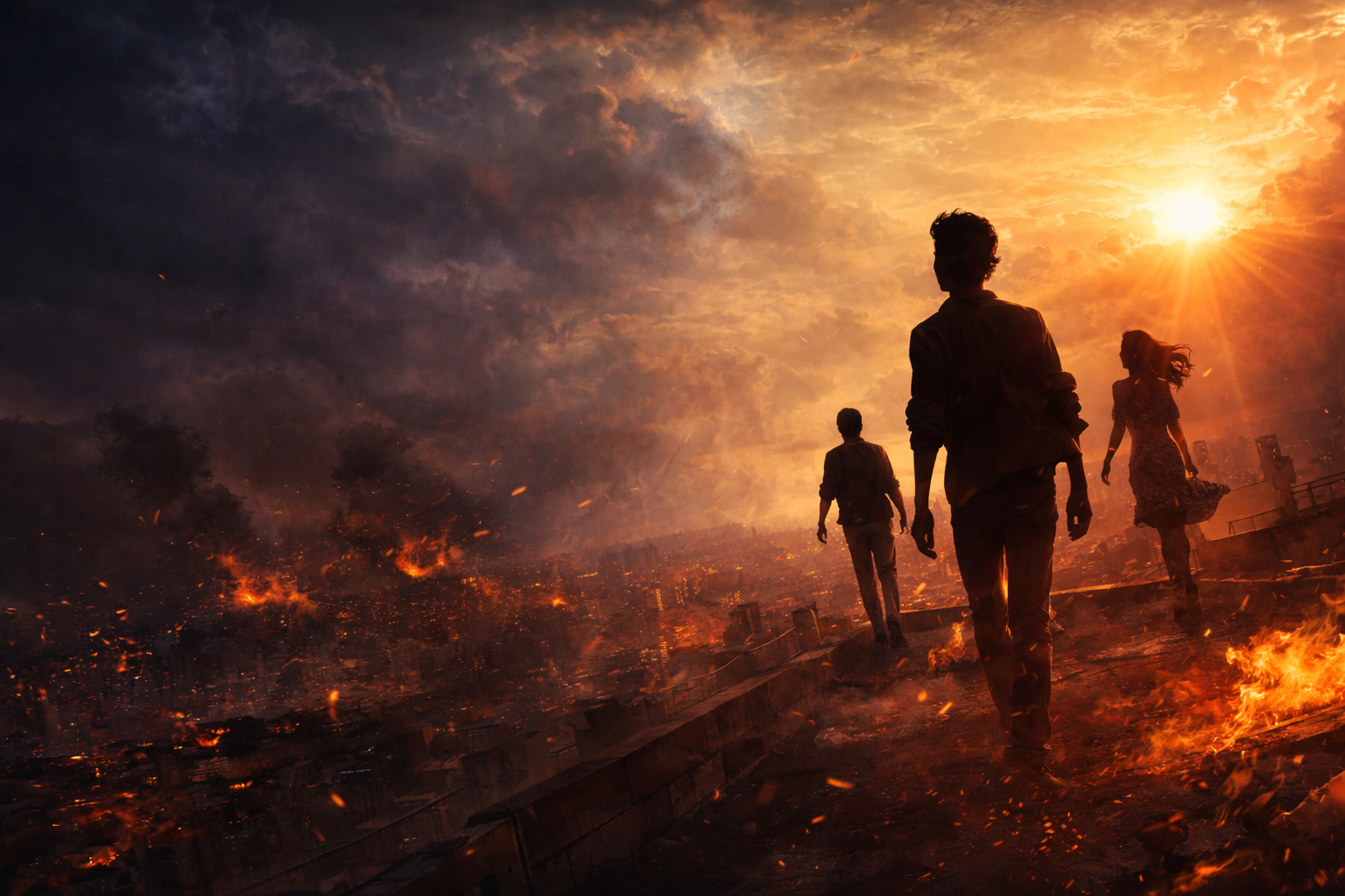 Camina. Despierta. Elige la luz. Tres jóvenes caminan sobre una azotea frente a una ciudad en llamas mientras el sol irrumpe entre nubes oscuras, simbolizando la decisión entre luz y oscuridad.