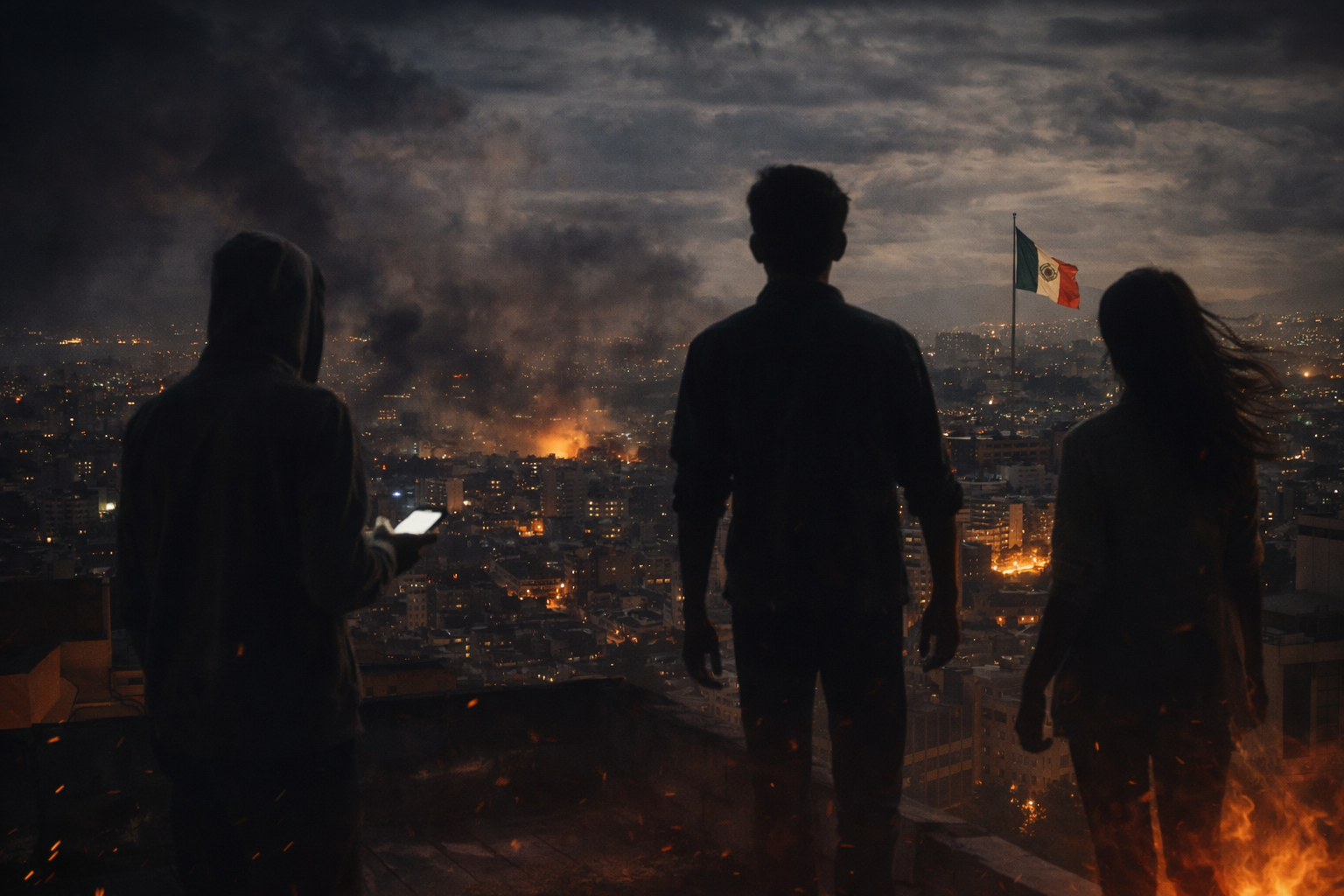 Despiertos en medio del ruido Tres jóvenes observan desde una azotea la ciudad iluminada de noche mientras uno sostiene un teléfono encendido y el humo se eleva sobre el horizonte, simbolizando distracción y conciencia.