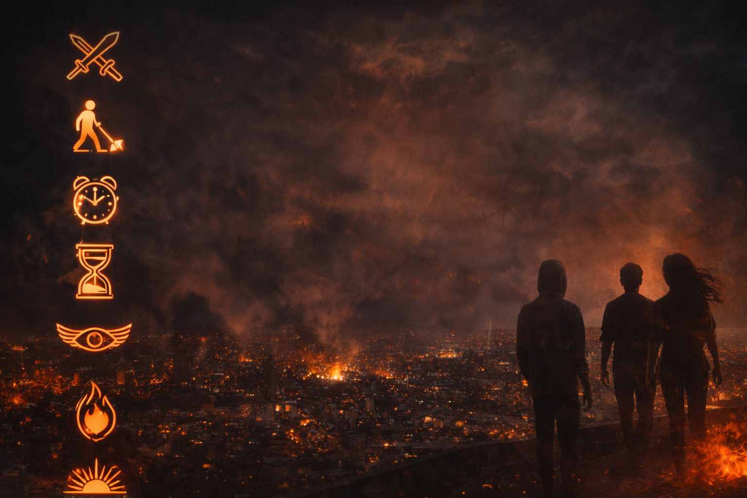 La revolución empieza dentro Tres jóvenes observan una ciudad iluminada de noche mientras una columna de iconos brillantes en tono naranja representa símbolos de decisión, tiempo, vigilancia, fuego y amanecer.