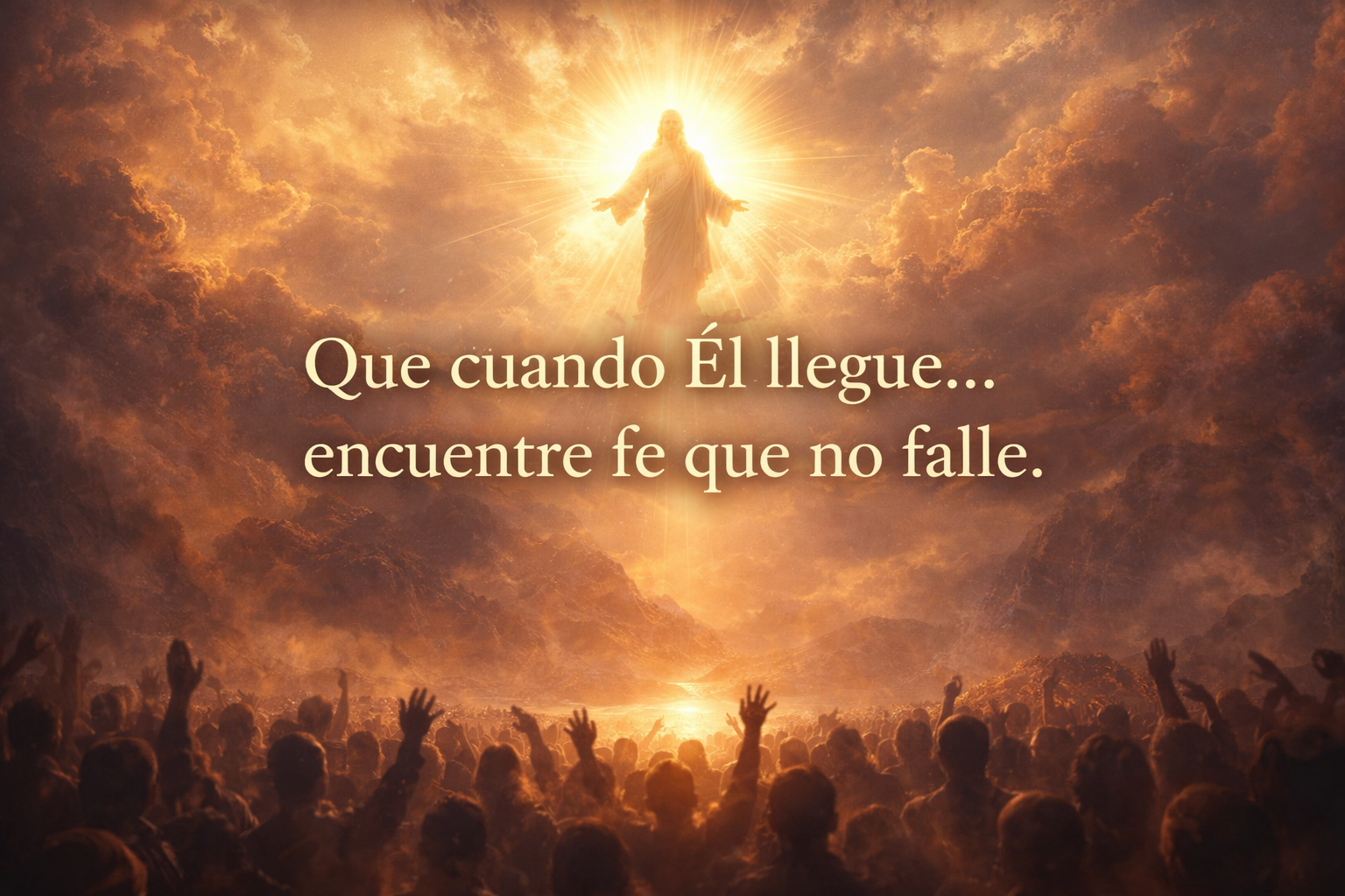Que cuando Él llegue… encuentre fe que no falle Figura solitaria de pie en una montaña al amanecer, mirando hacia una luz celestial en el cielo, simbolizando fe firme y esperanza ante la llegada divina.