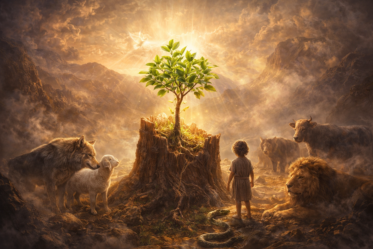El Renuevo de Jesé – Isaías 11 | Profecía de Paz y Esperanza Ilustración bíblica épica de un renuevo que brota de un tronco herido mientras un niño y animales como lobo, cordero y león conviven en paz bajo una luz celestial.