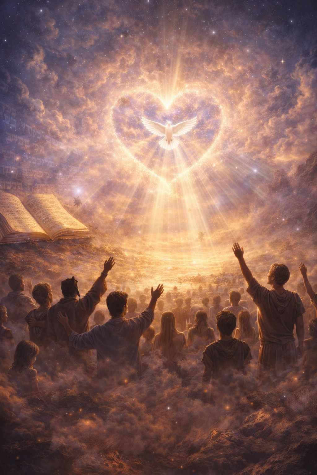 Una Sola Voz – Romanos 15 | Unidad y Esperanza Ilustración bíblica vertical de una multitud levantando las manos bajo una luz celestial en forma de corazón con una paloma blanca, inspirada en Romanos 15 sobre la unidad y una sola voz.