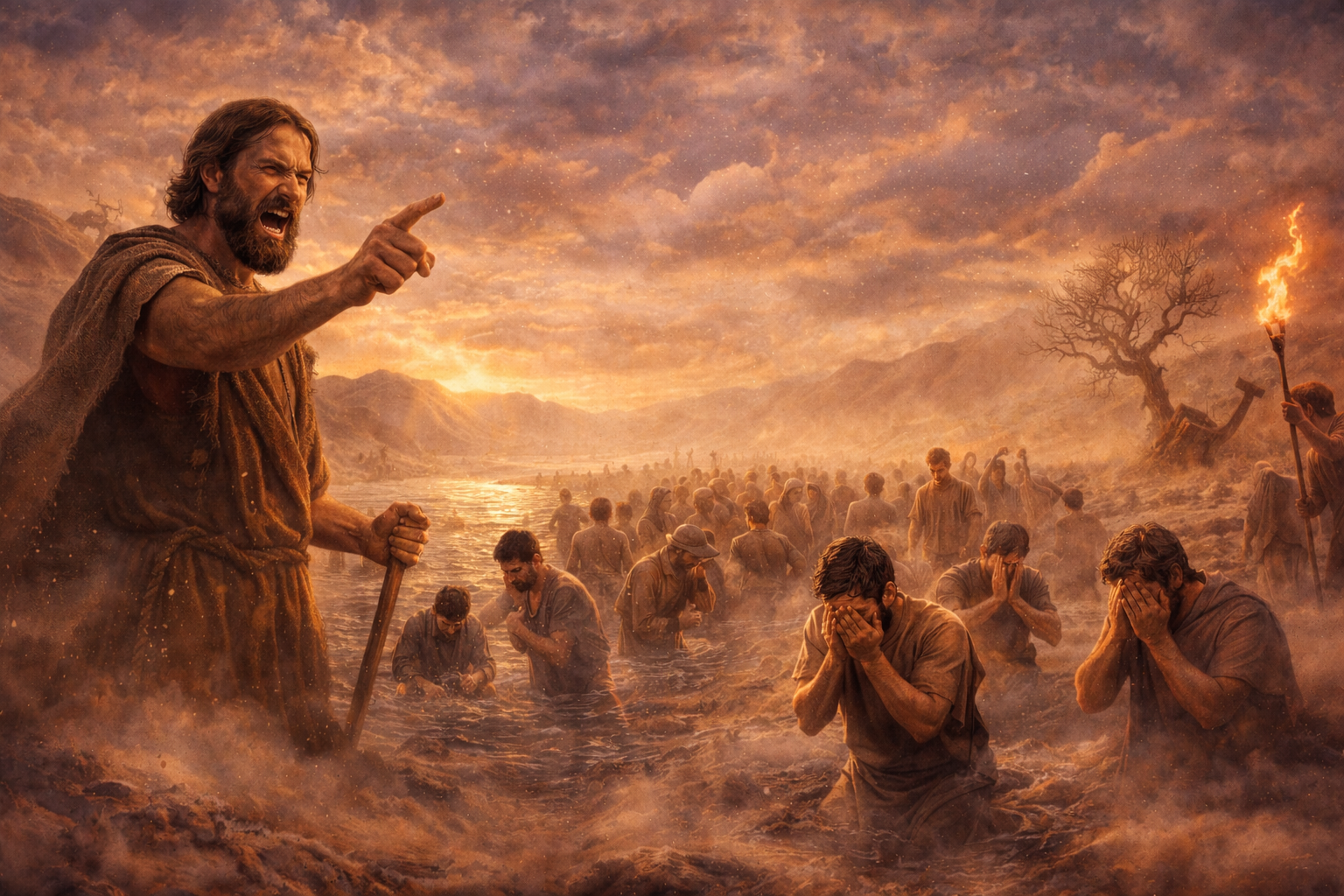 Una Voz en el Desierto – Mateo 3, 1-12 | Juan el Bautista Ilustración bíblica épica de Juan el Bautista predicando en el desierto junto al río Jordán mientras la multitud escucha y algunos se bautizan al atardecer.