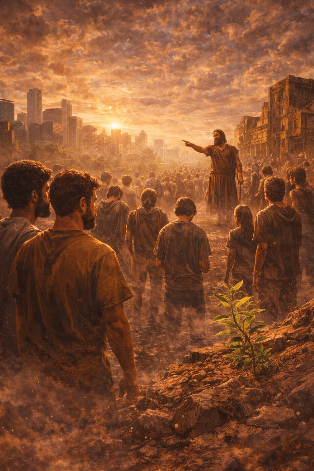 Endereza el Camino – Voz que llama a la conversión y esperanza Hombre predicando en medio de una multitud en un paisaje urbano al atardecer, con una pequeña planta brotando entre las ruinas como símbolo de esperanza y renovación espiritual.