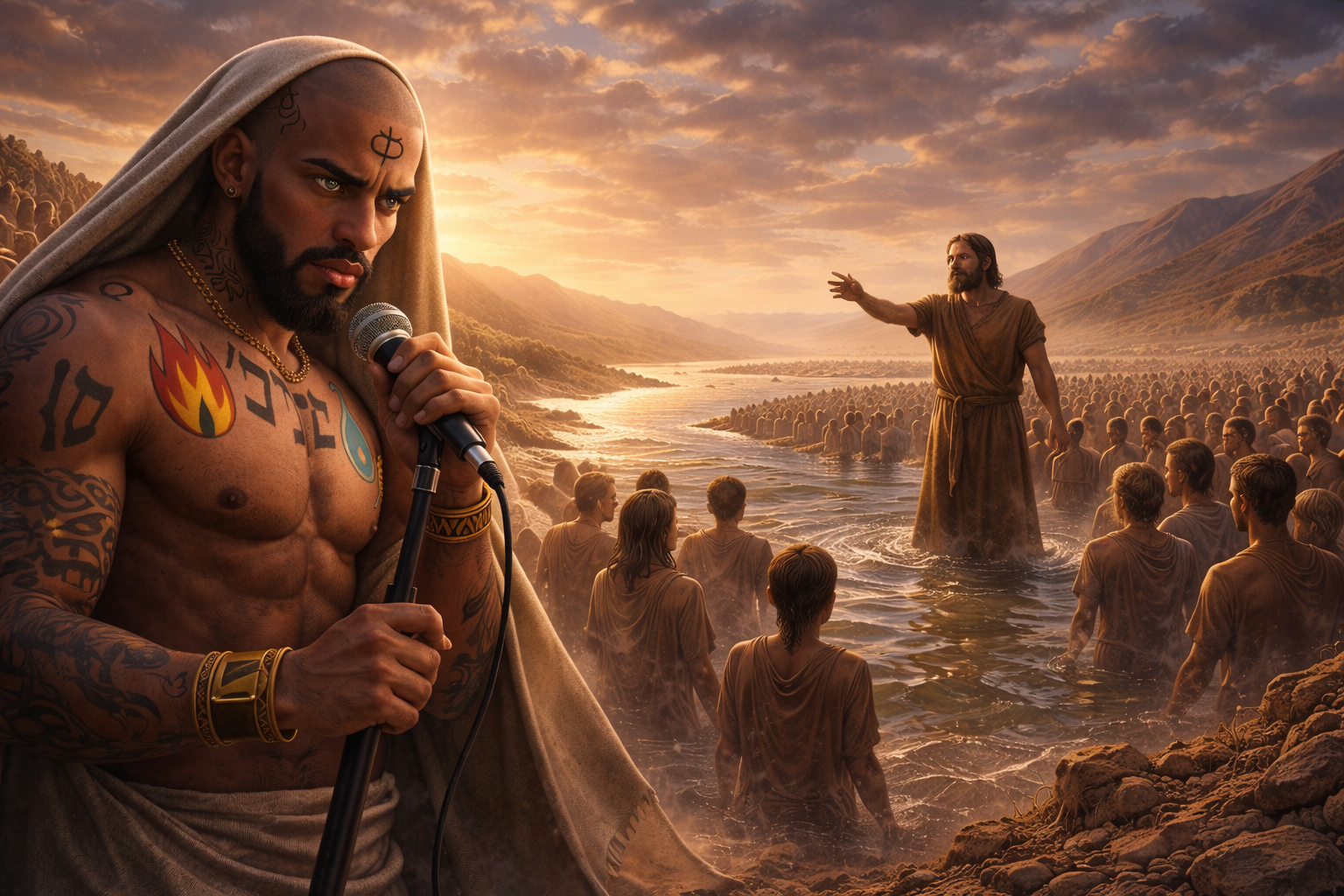 Una Voz en el Desierto – Llamado a la Conversión Predicador en el río anunciando conversión mientras una multitud escucha al atardecer, con un narrador contemporáneo en primer plano sosteniendo un micrófono en un paisaje bíblico iluminado por luz dorada.
