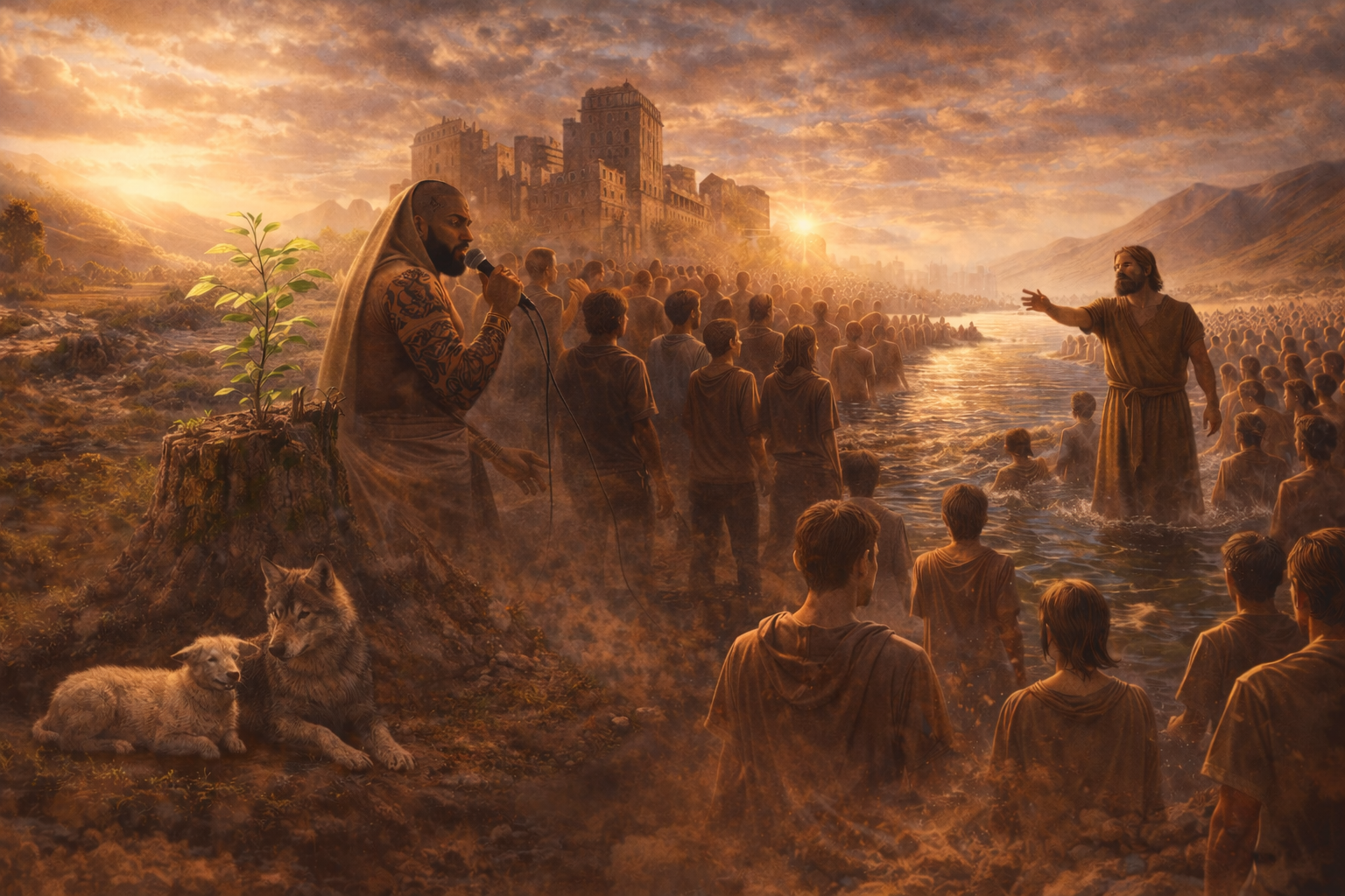 Endereza el Camino – Conversión, Unidad y Esperanza Escena épica que muestra un tronco del que brota una planta verde, un lobo y un cordero descansando juntos, y una multitud escuchando a un predicador en el río al atardecer, simbolizando conversión, unidad y esperanza.