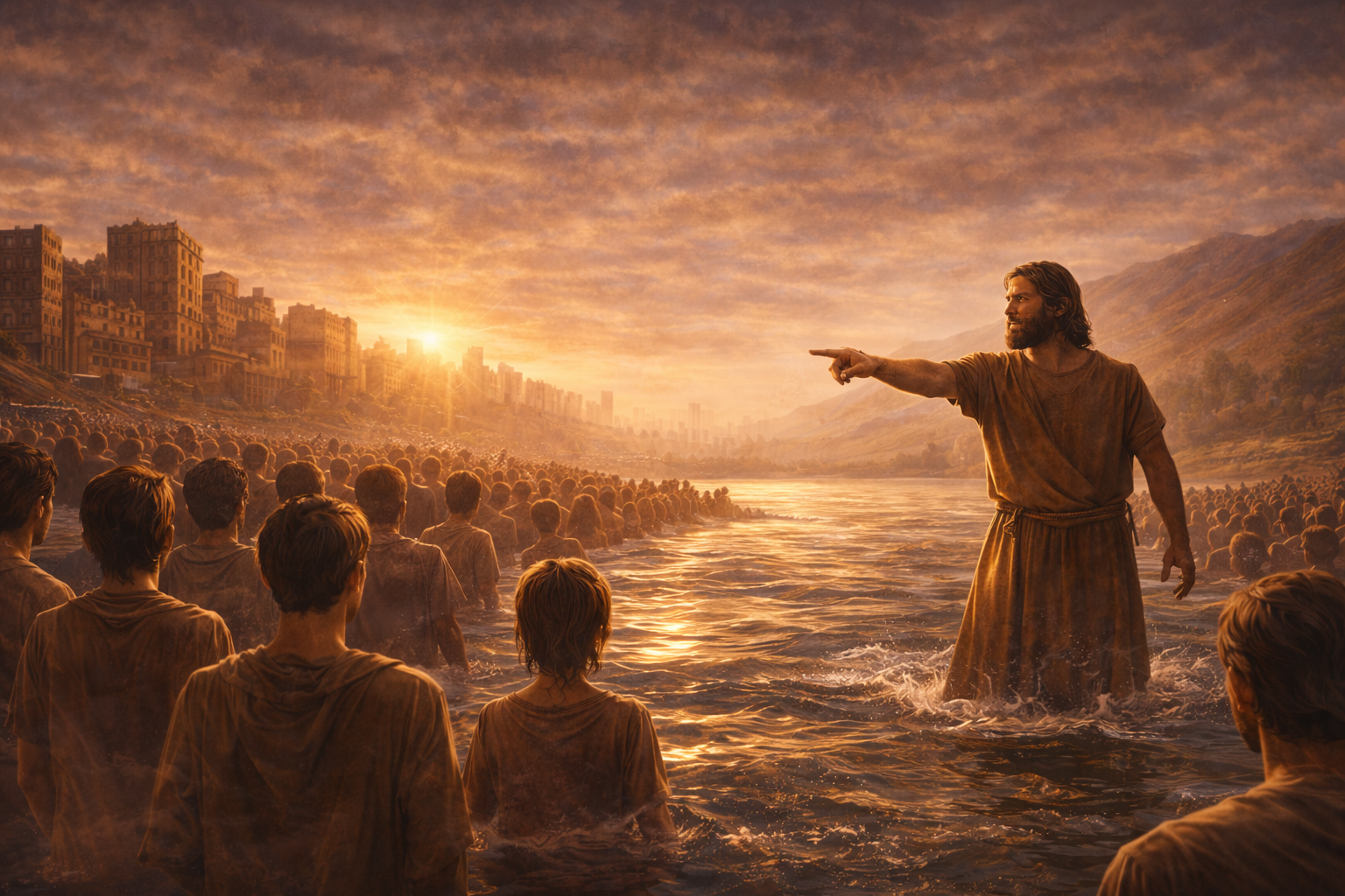 Endereza el Camino – El Tiempo es Ahora Predicador en el río al atardecer señalando el horizonte mientras una multitud escucha en el agua bajo un cielo dorado.
