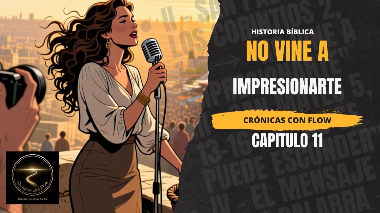 Cantante femenina interpretando en un entorno bíblico al atardecer, ilustración estilo cinematográfico para “Crónicas con Flow – No vine a impresionarte, Capítulo 11”.