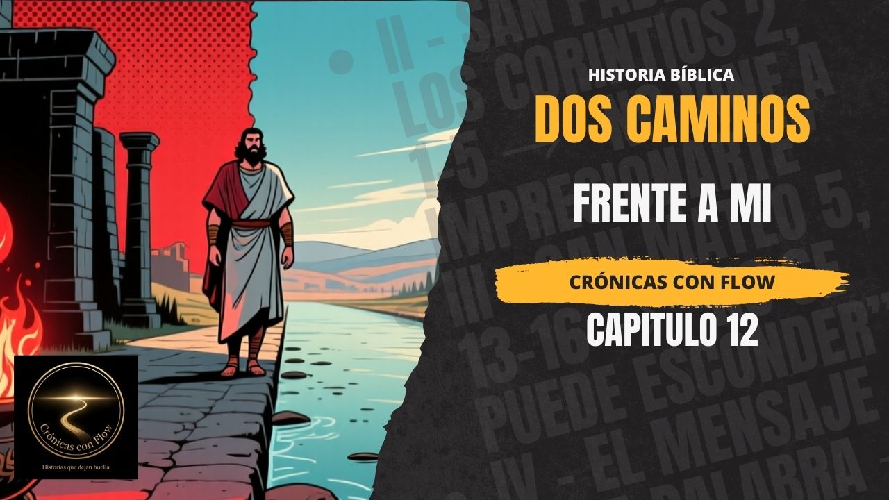 Hombre en vestimenta bíblica caminando junto a fuego y agua, ilustración cinematográfica para “Dos caminos frente a mí – Crónicas con Flow, Capítulo 12”.