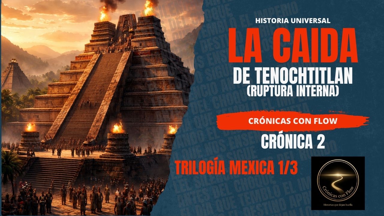 Templo mexica con fuego ceremonial representando la caída de Tenochtitlan, ilustración histórica para “La Caída de Tenochtitlan – Crónicas con Flow, Crónica 2”.