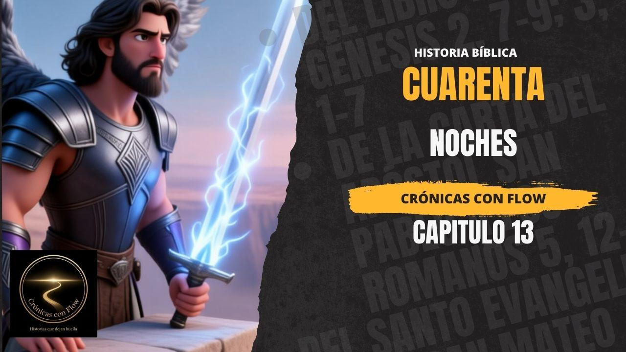 Guerrero bíblico con espada luminosa en estilo épico junto a texto “Cuarenta Noches, Capítulo 13, Crónicas con Flow”, imagen promocional de historia bíblica.