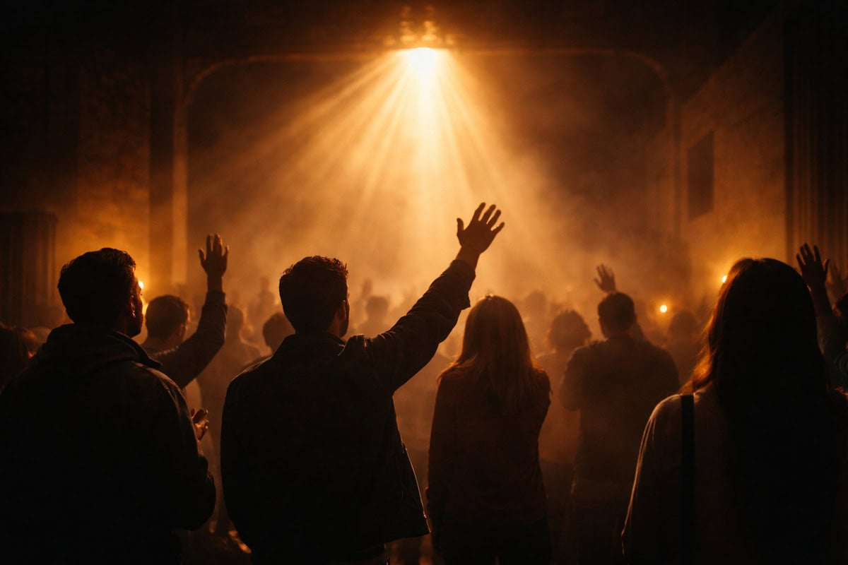 Personas levantando las manos en un ambiente de adoración iluminado por un rayo de luz cálida dentro de un templo o iglesia.