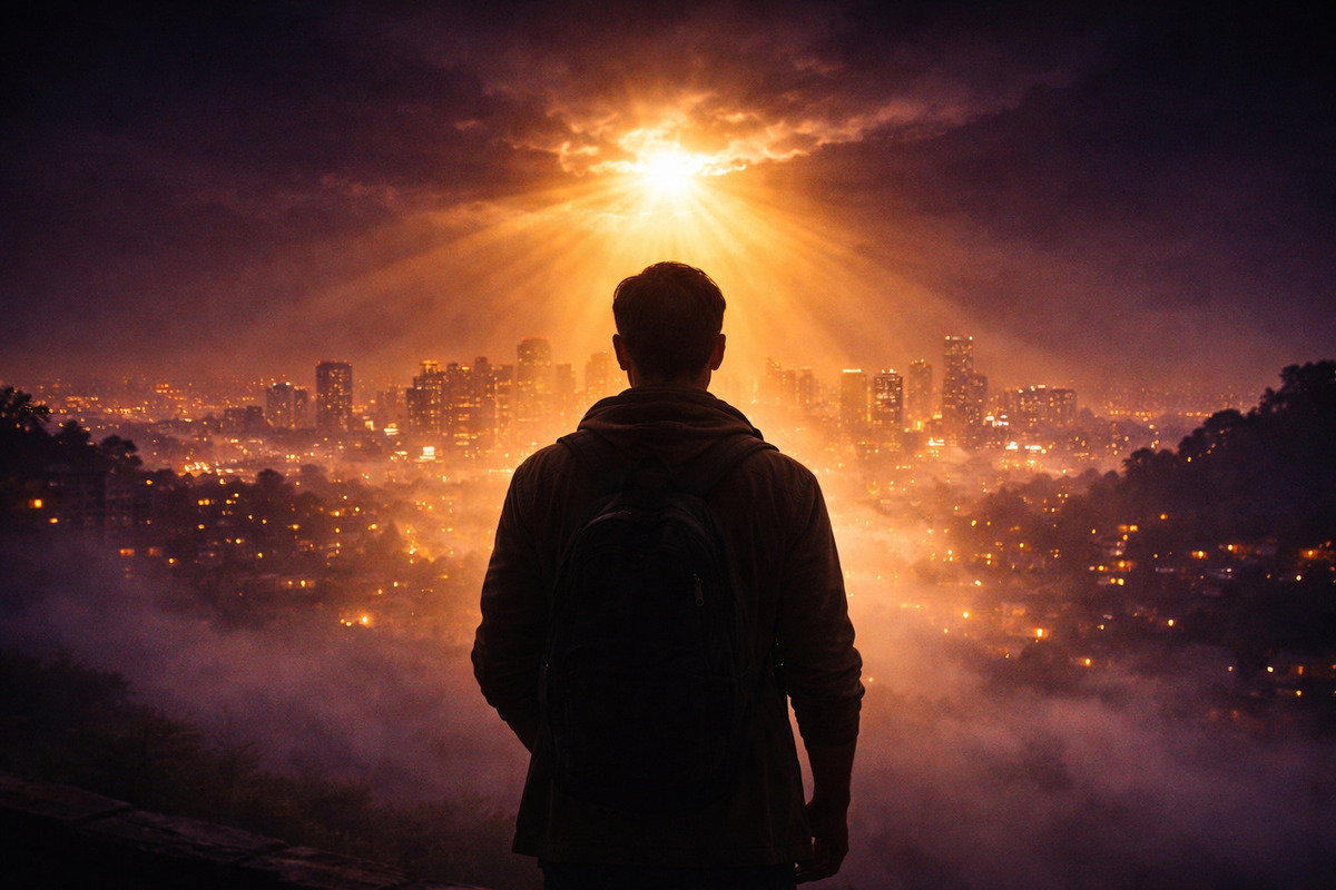 Persona moderna de espaldas observando una ciudad nocturna iluminada por una luz dorada que atraviesa la niebla bajo un cielo morado profundo.<br />
