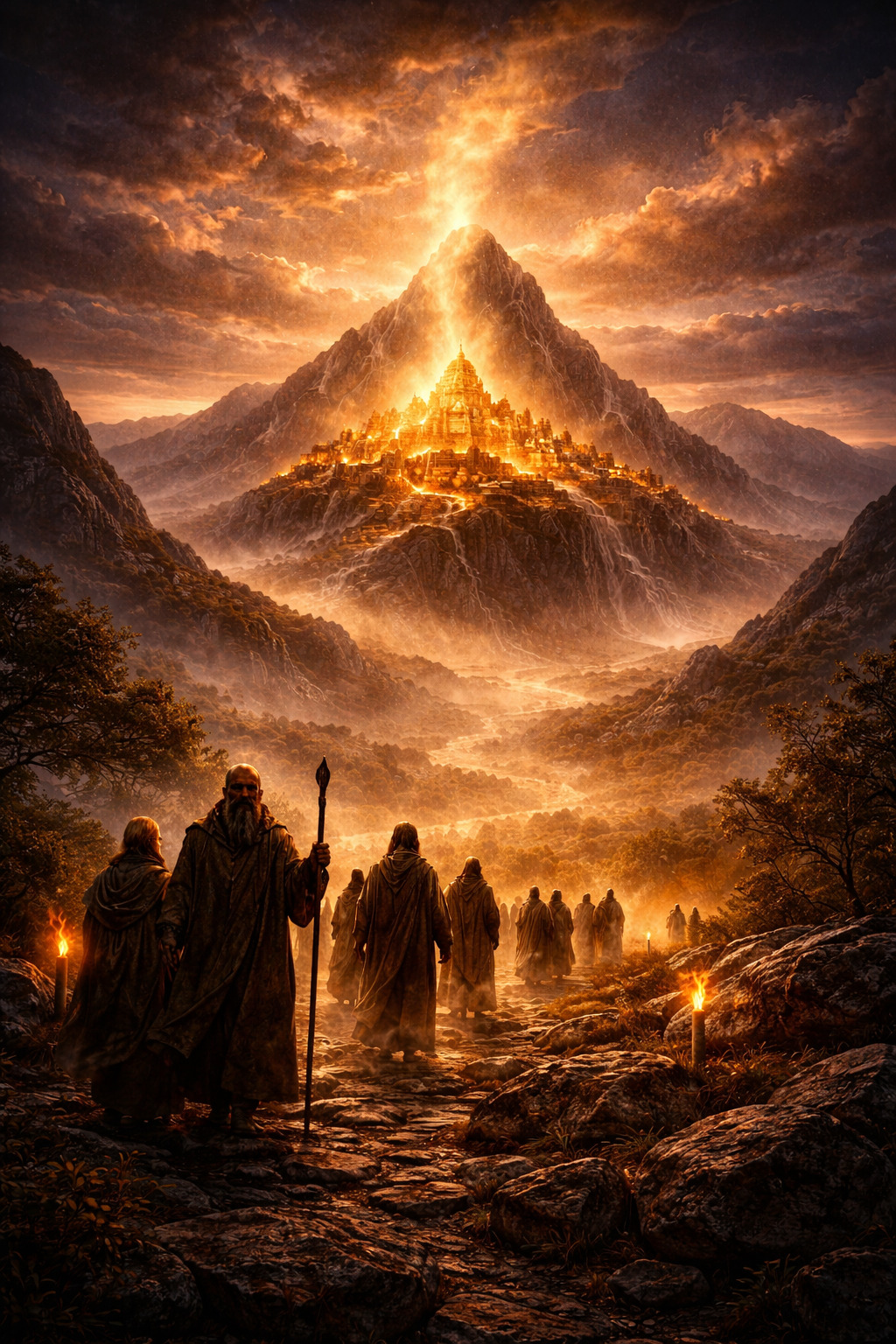 Anciano entregando una luz brillante a un joven en una escena cinematográfica oscura y dorada que simboliza la transmisión de sabiduría.<br />
