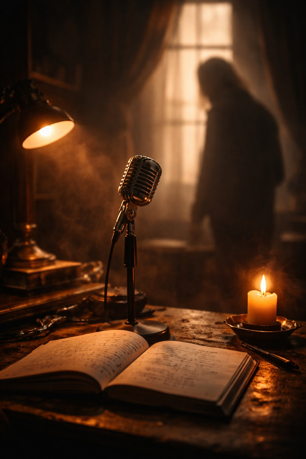 Micrófono vintage junto a un cuaderno abierto y una vela encendida en estudio oscuro, con figura desenfocada al fondo iluminada por luz cálida.<br />
