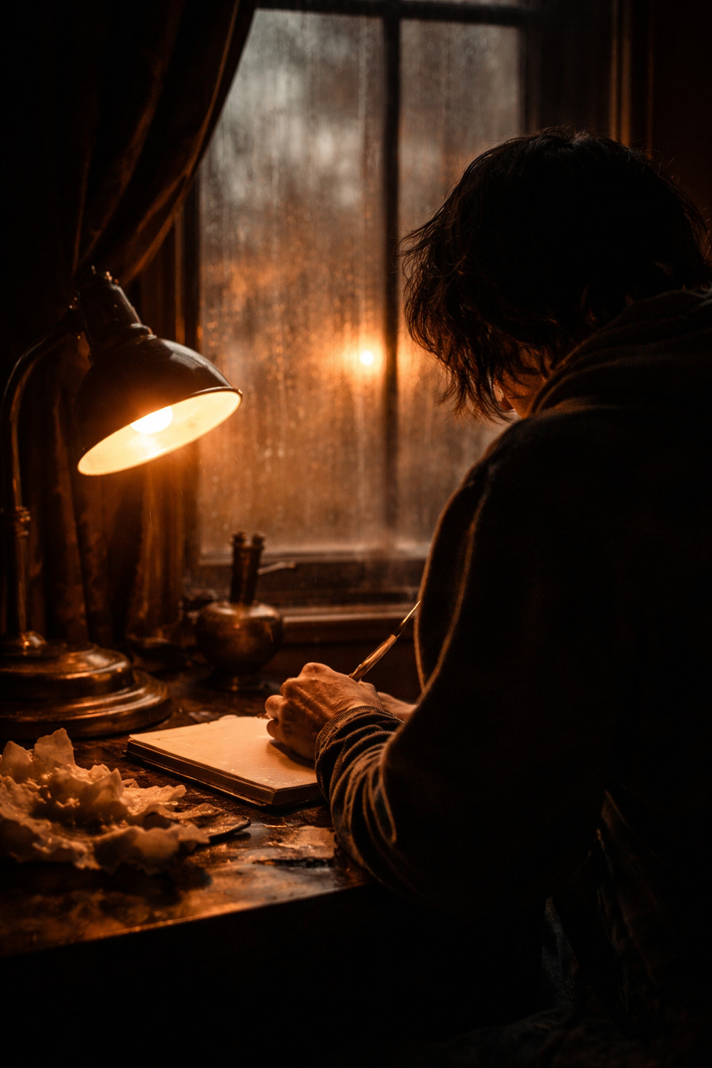 Persona escribiendo en cuaderno bajo luz de lámpara junto a ventana lluviosa en ambiente oscuro y cinematográfico.<br />

