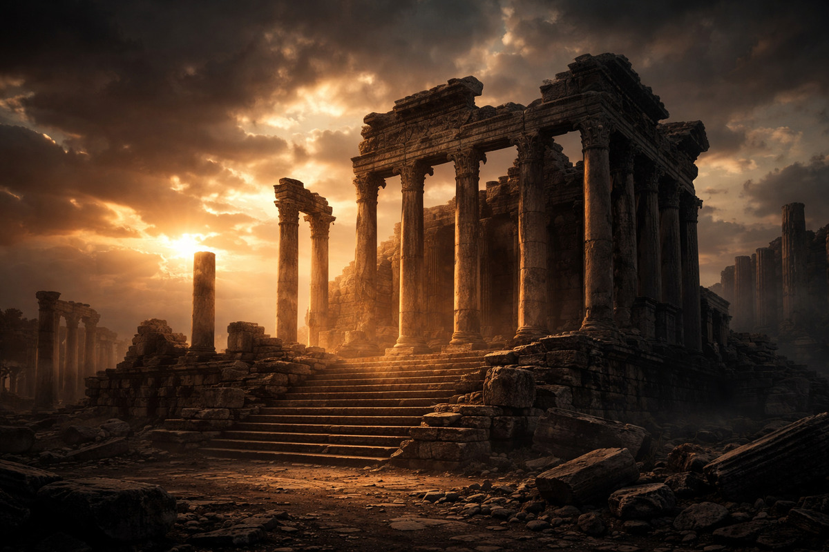 Ruinas monumentales de un templo clásico con columnas fracturadas iluminadas por un cielo dramático al atardecer.Ruinas Monumentales bajo Cielo 