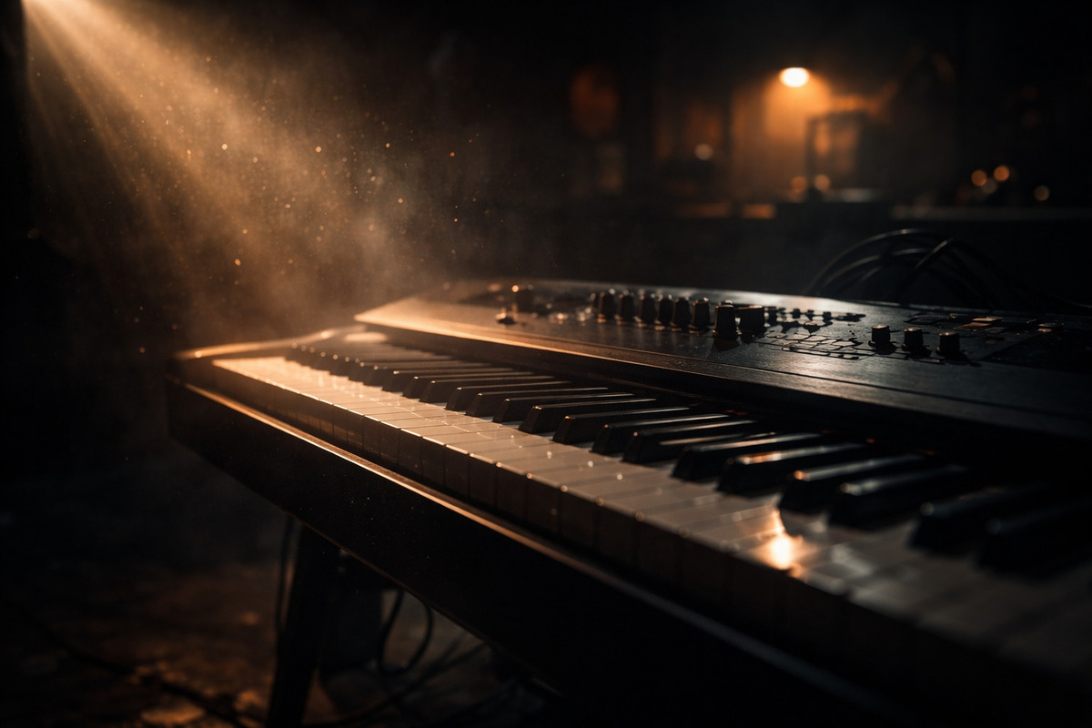 Piano moderno en penumbra iluminado por un rayo de luz dorada con partículas suspendidas en el aire.<br />
