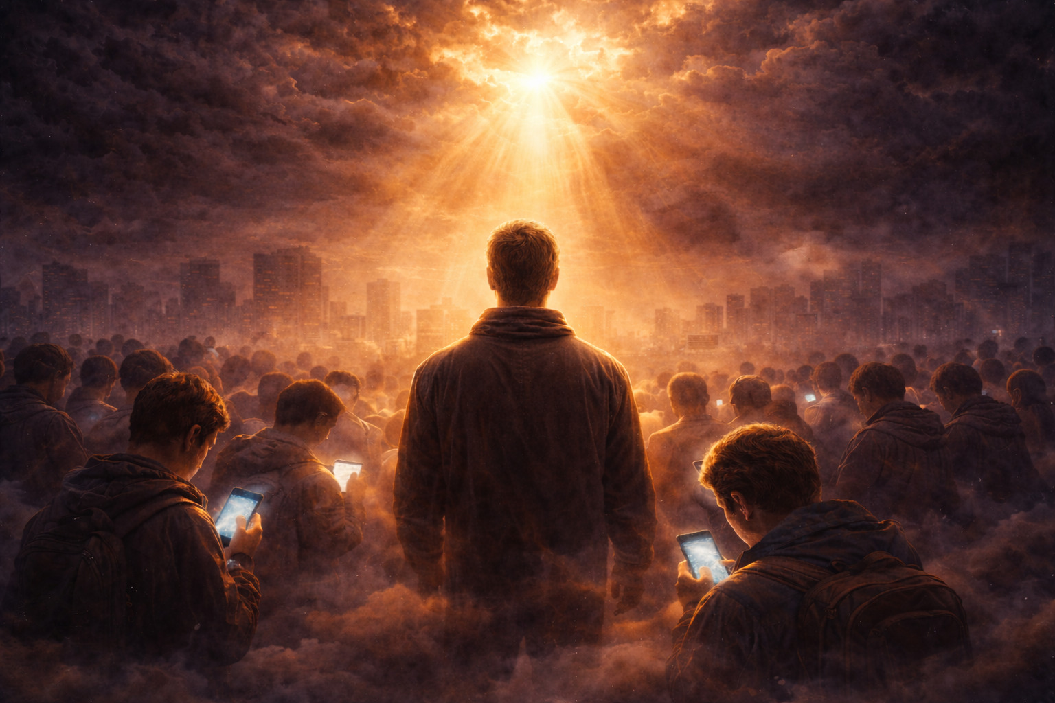 Hombre iluminado por un rayo de luz dorada en medio de una multitud que observa sus teléfonos bajo un cielo tormentoso sobre una ciudad moderna.