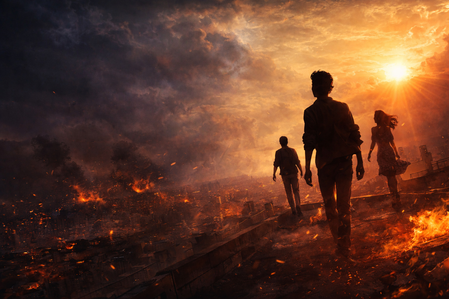 Tres jóvenes caminan sobre una azotea frente a una ciudad en llamas mientras el sol irrumpe entre nubes oscuras, simbolizando la decisión entre luz y oscuridad.<br />
