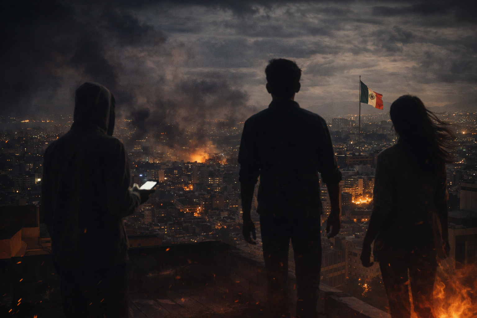 Tres jóvenes observan desde una azotea la ciudad iluminada de noche mientras uno sostiene un teléfono encendido y el humo se eleva sobre el horizonte, simbolizando distracción y conciencia.<br />
