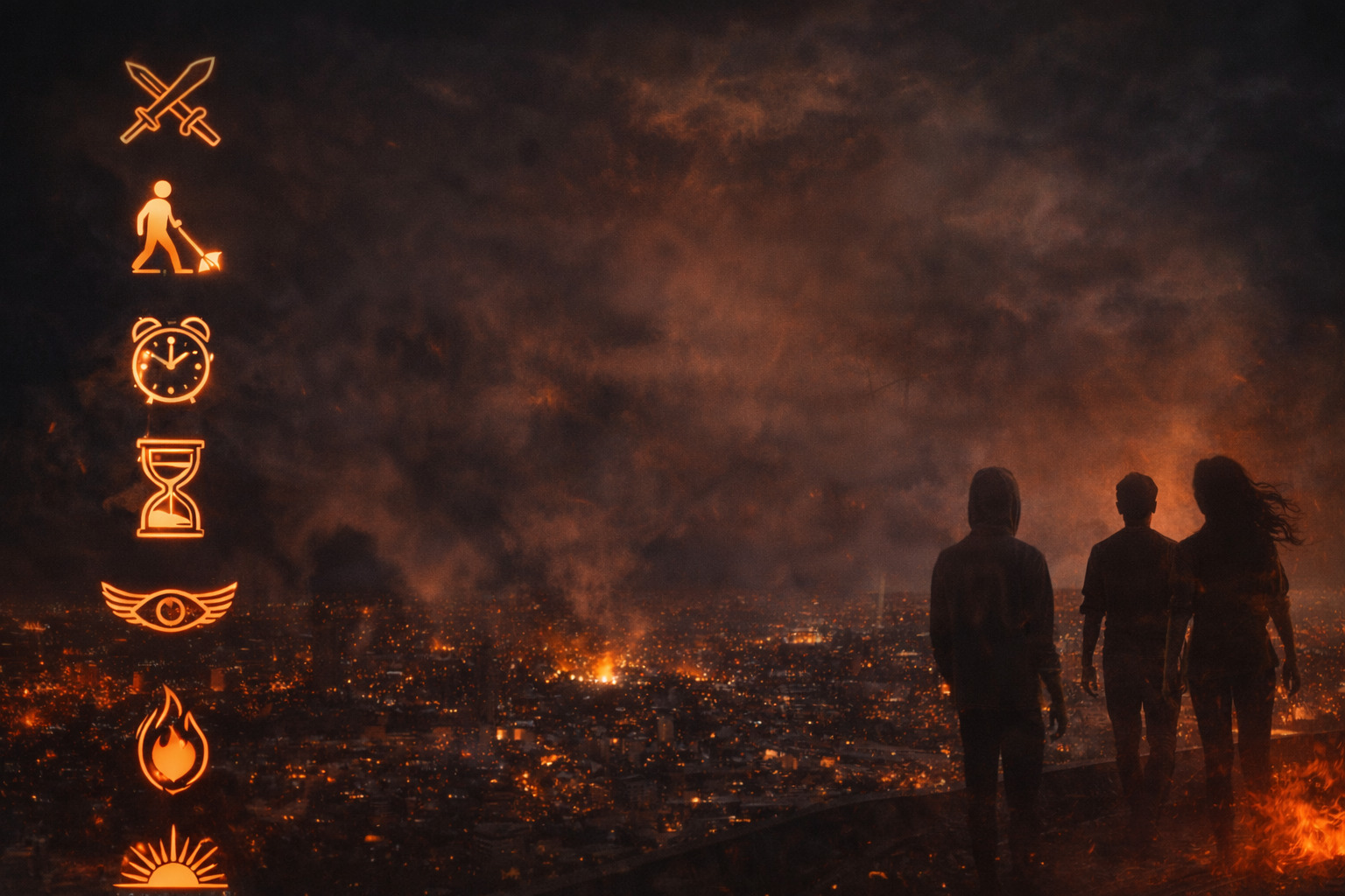 Tres jóvenes observan una ciudad iluminada de noche mientras una columna de iconos brillantes en tono naranja representa símbolos de decisión, tiempo, vigilancia, fuego y amanecer.<br />
