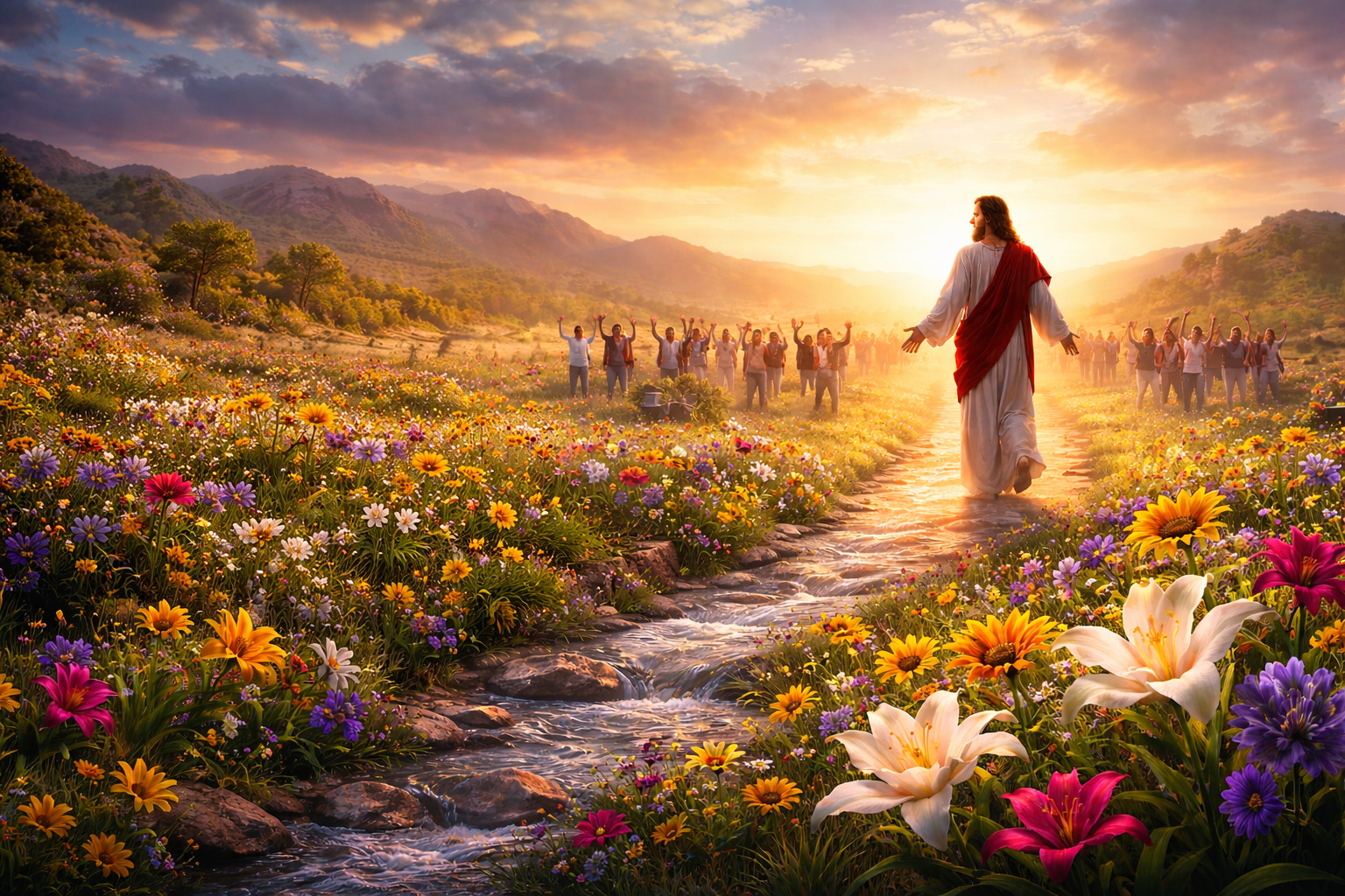 Desierto transformado en un valle lleno de flores bajo un amanecer dorado, con un camino iluminado que se abre hacia el horizonte.<br />
