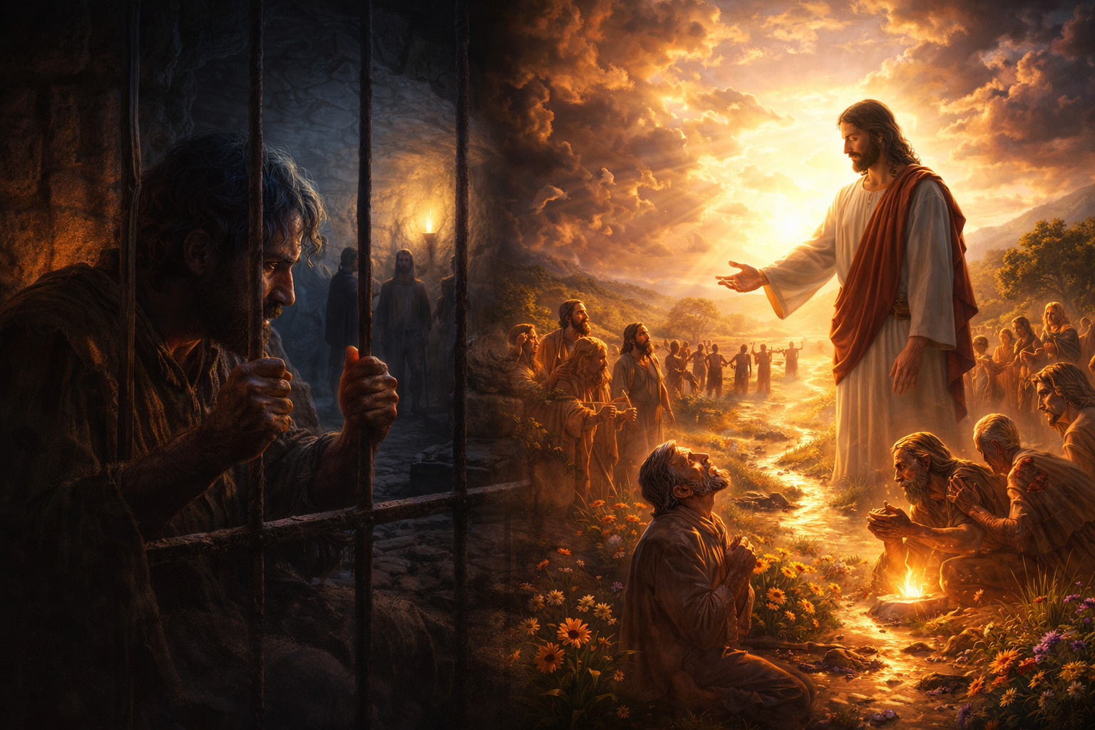 Juan el Bautista en una celda oscura mirando a través de barrotes, mientras al otro lado Jesús enseña y sana bajo una luz dorada al amanecer.<br />
