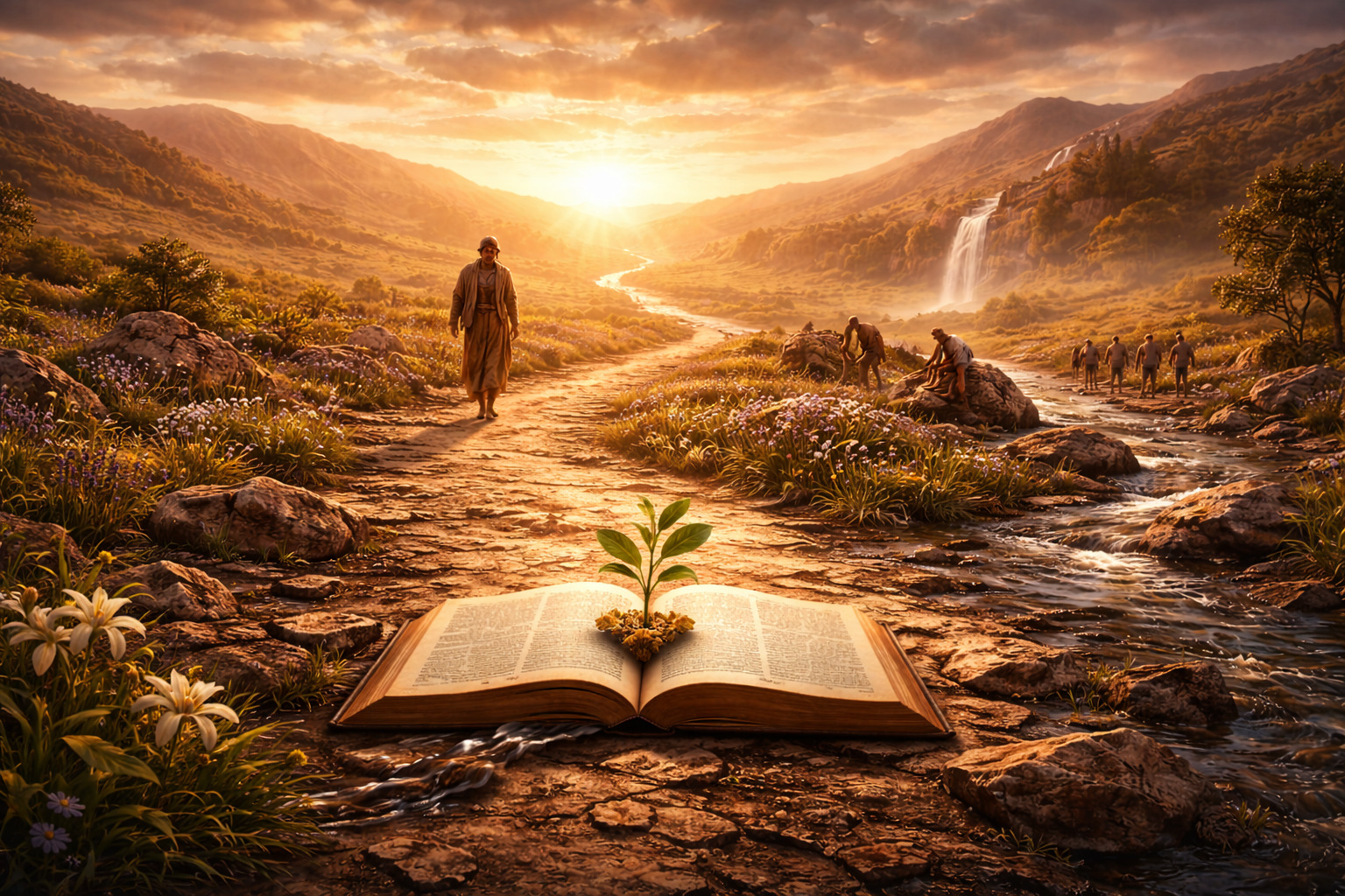 Banda de rock tocando al atardecer en un valle desértico mientras en primer plano una Biblia abierta florece sobre tierra seca con una lámpara encendida, simbolizando esperanza y renovación.<br />
