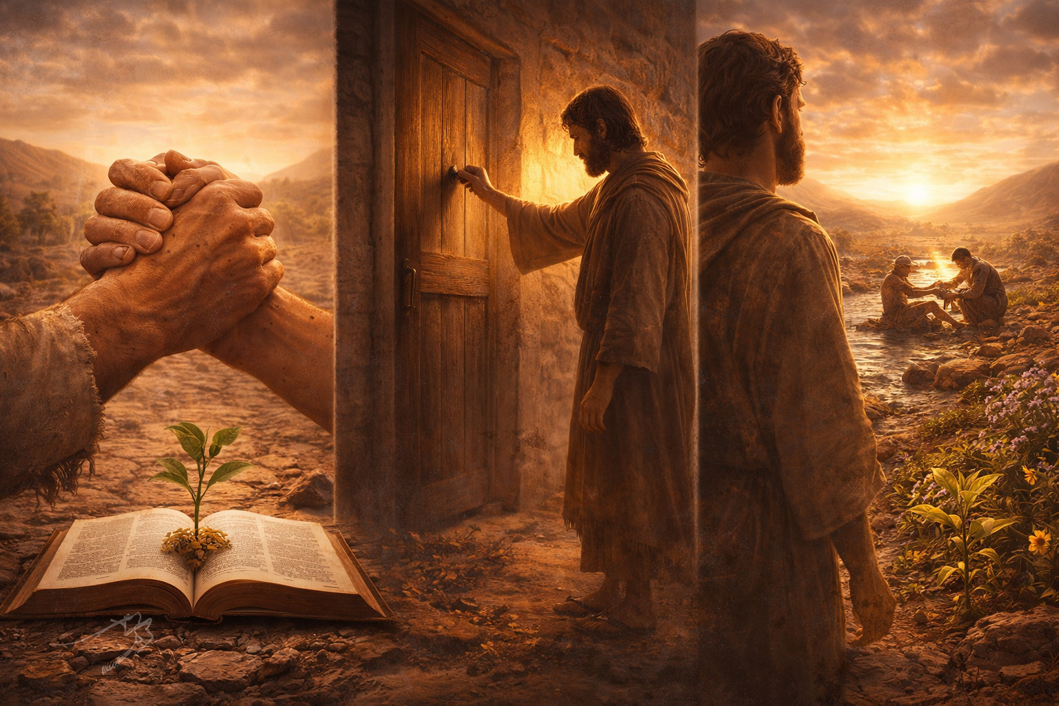 Manos entrelazadas sosteniendo esperanza, una figura tocando una puerta y personas ayudándose junto a un río al atardecer en un paisaje desértico transformado.<br />
