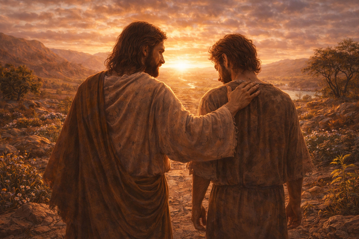 Jesús camina junto a un hombre cansado al atardecer y coloca su mano sobre su hombro en un sendero iluminado por la luz dorada.