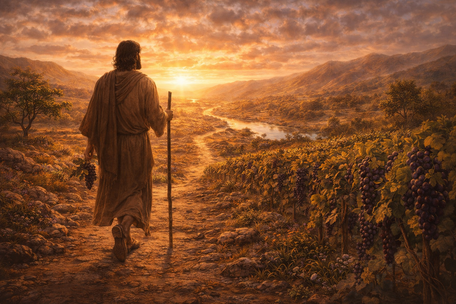 Jesús camina junto a un hombre cansado al atardecer y coloca su mano sobre su hombro en un sendero iluminado por la luz dorada.<br />
